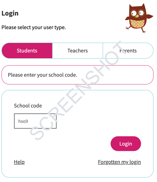 A screenshot of the school code entered